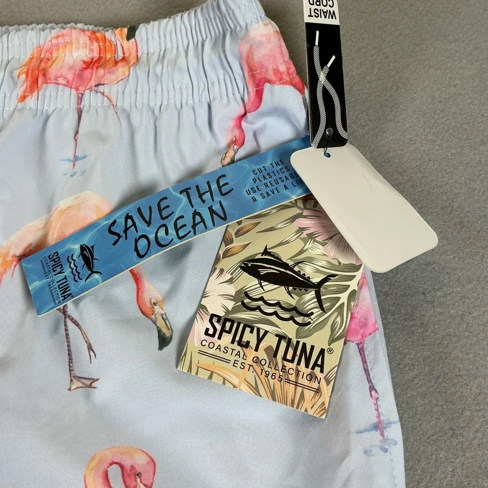 Spicy Tuna Flamingo Swim Trunks XL Light Blue Tropical Board Shorts NWT UPF 50+‎